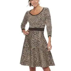 Nina Leonard Leopard Print Fit & Flare Knit Dress, L NWT